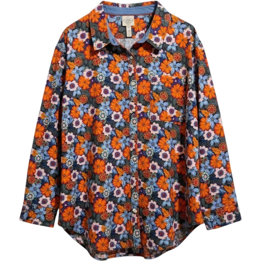 St John's Bay‎ Button Up Shirt Womens PXXL Orange Blue Floral Cotton Retro Boho